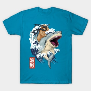 Samurai Sloth on Shark Wave T-Shirt